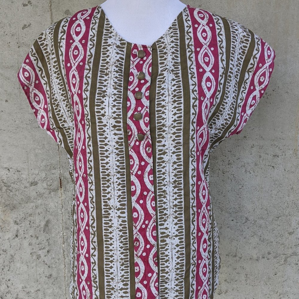 Vintage Homemade Geometric Stripe Pink and Brown Button Placket Shirt, Size M